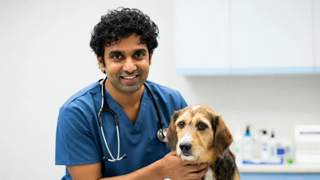 Veterinary consultant examining a dog during a check-up at a veterinary clinic, highlighting Vetucore LLC's expertise in guiding students pursuing veterinary medicine careers.
