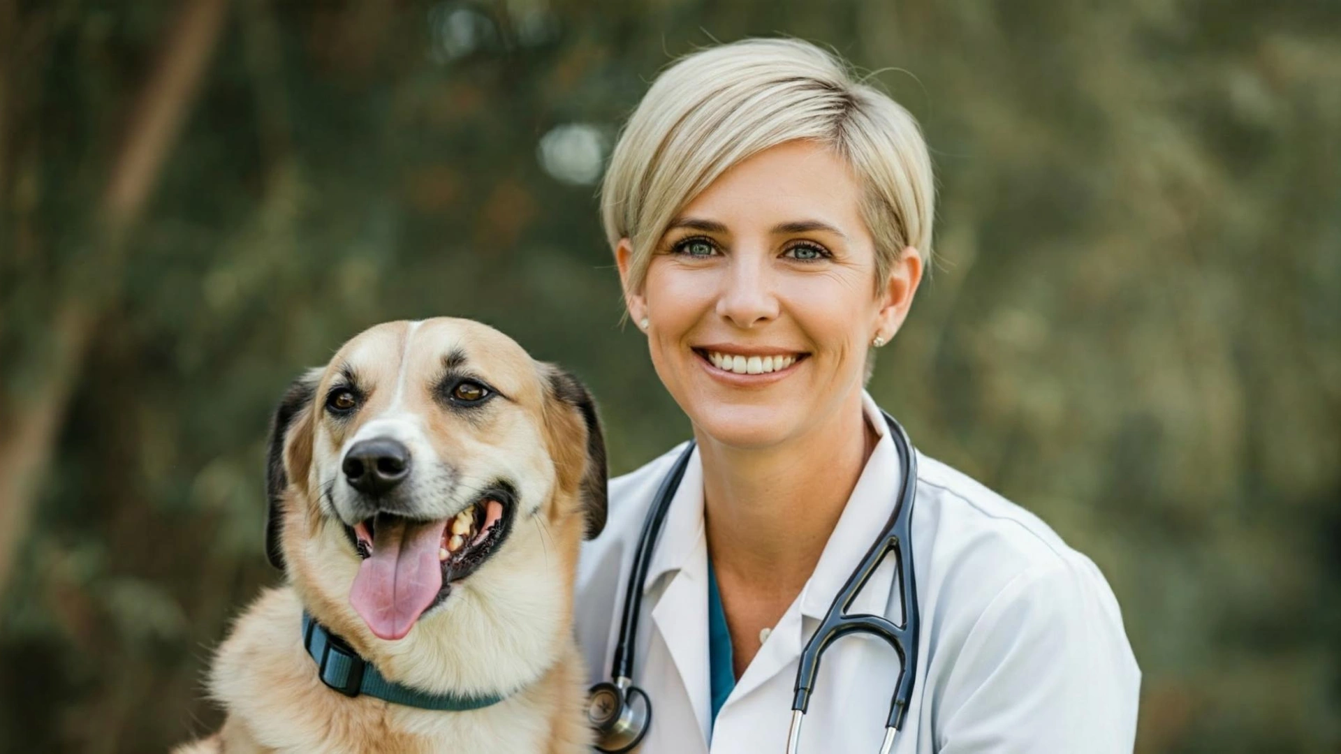 A smiling veterinarian with short blonde hair wearing a white coat and stethoscope, posing outdoors with a happy mixed-breed dog.