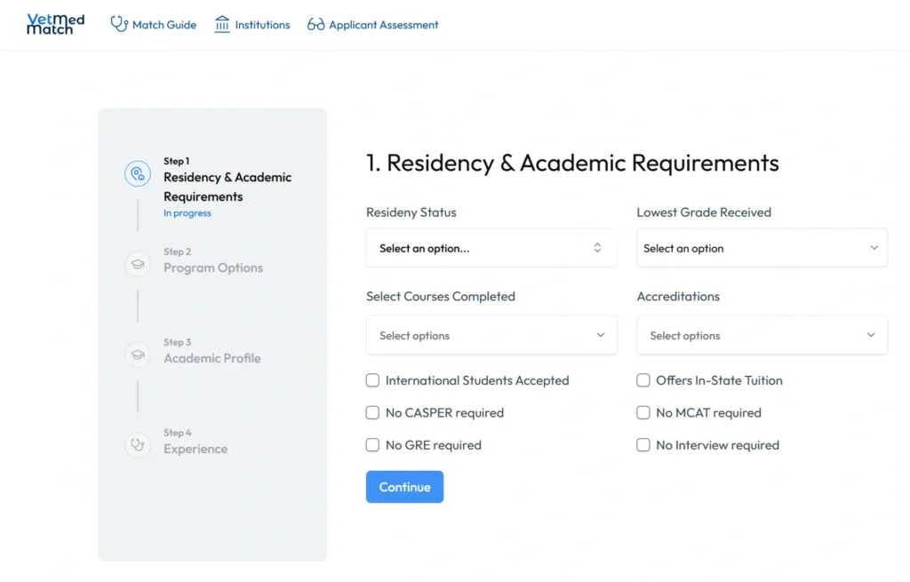 VetMed Match platform displaying residency and academic requirements for veterinary school applicants.