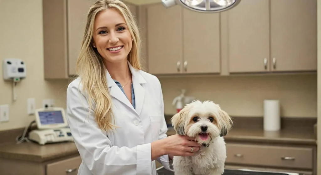 Friendly veterinarian with a small dog during a routine checkup. A smiling female veterinarian in a white coat examining a happy small dog on an examination table in a veterinary clinic.