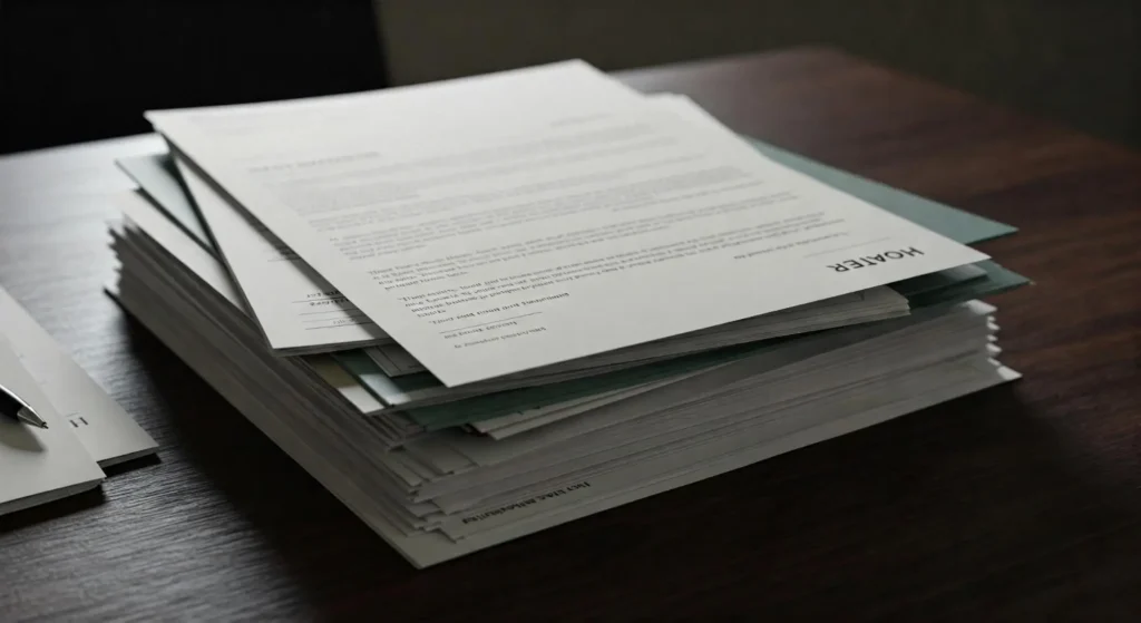 A stack of printed documents and reports on a wooden desk, ready for review.