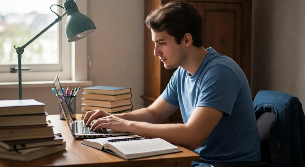 Young man studying online using a laptop, surrounded by books and study materials.