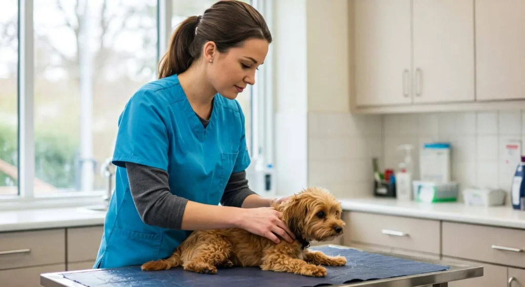 Veterinarian performing a checkup on a small dog at a clinic. A female veterinarian in blue scrubs examining a small brown dog on an examination table in a veterinary clinic.