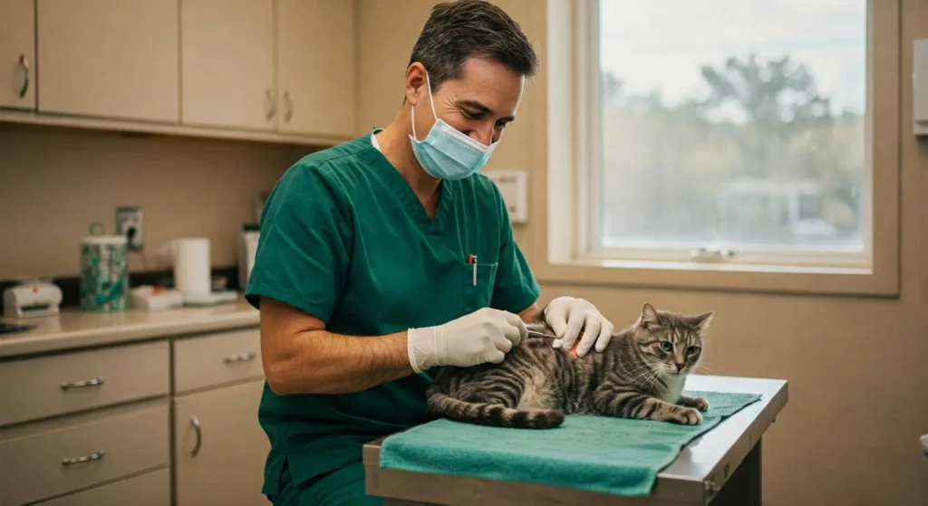Veterinarian giving a vaccine to a cat during a checkup. A male veterinarian in green scrubs and a face mask administering an injection to a gray tabby cat on an examination table in a veterinary clinic.