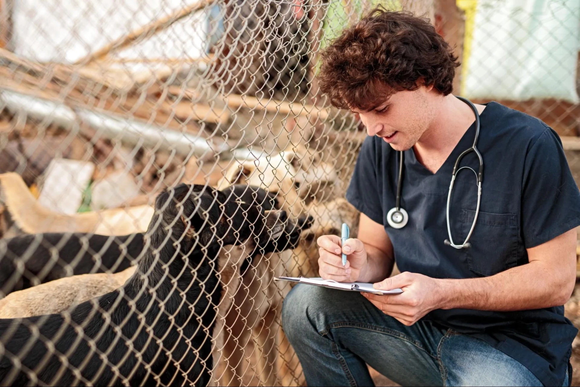 Young veterinary student taking notes during a consultation with shelter dogs, showcasing a real-world vet school application experience – Vetucore LLC.