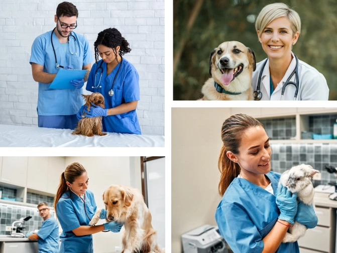 Collage of VetMed consultants working with dogs and small animals in clinical settings — Vetucore LLC trains future veterinary professionals for impactful careers.