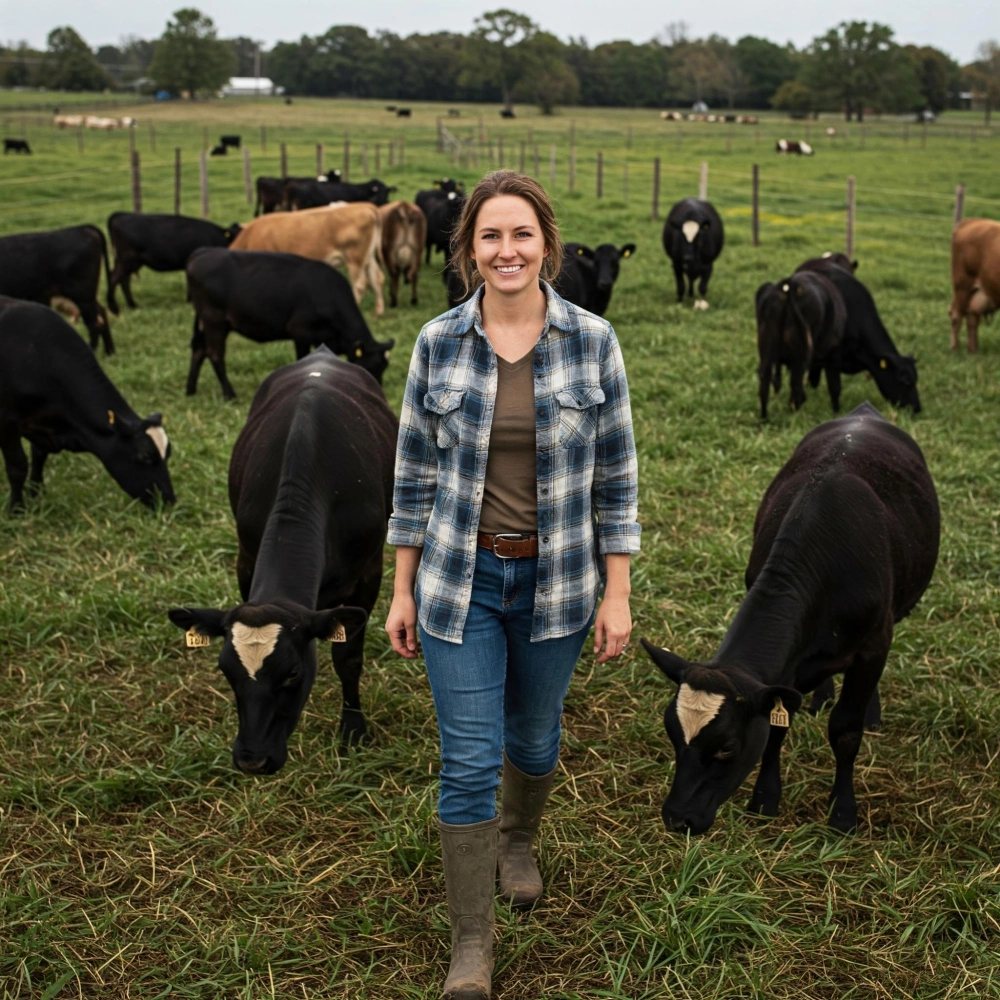 A female veterinarian walks confidently through a pasture among dairy cattle, representing career paths supported by veterinary medicine schools — Vetucore LLC empowers future vets.