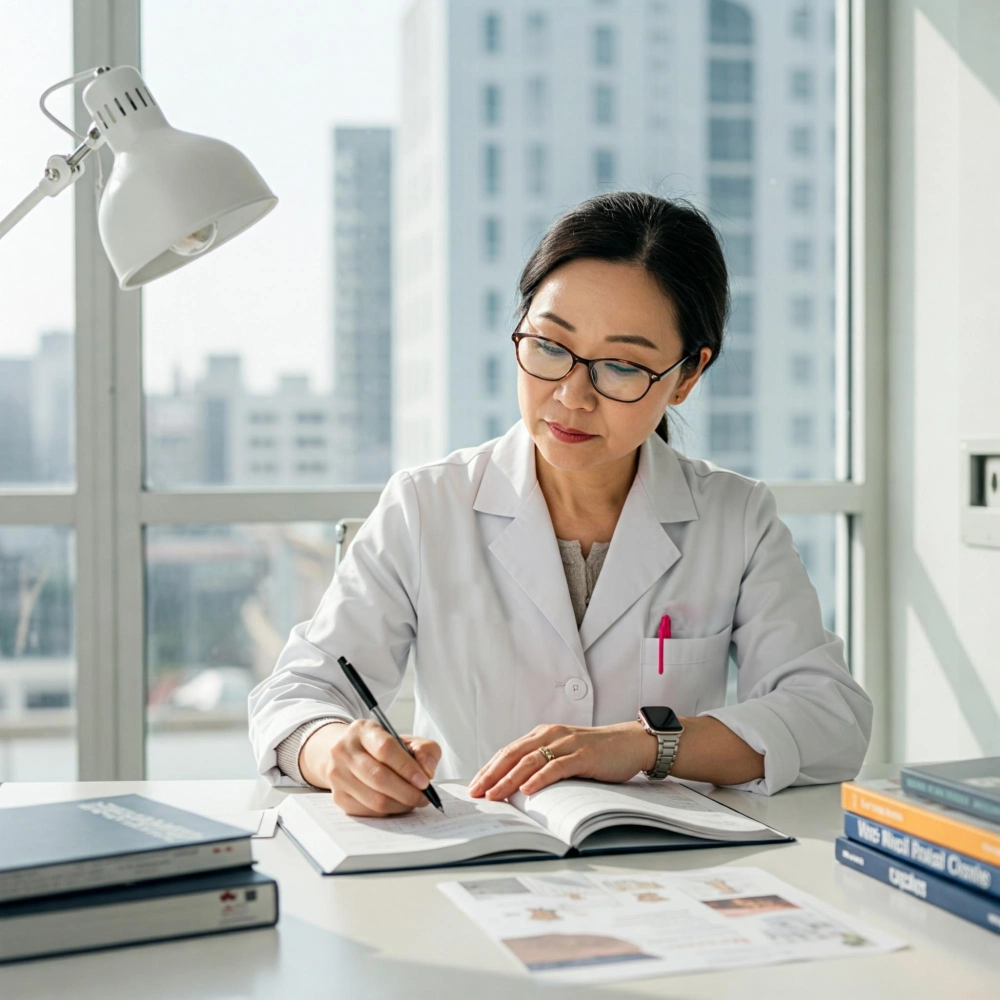 A female professor in a white coat reviews veterinary materials at her desk, symbolizing preparation for vet school application requirements — Vetucore LLC offers expert support.