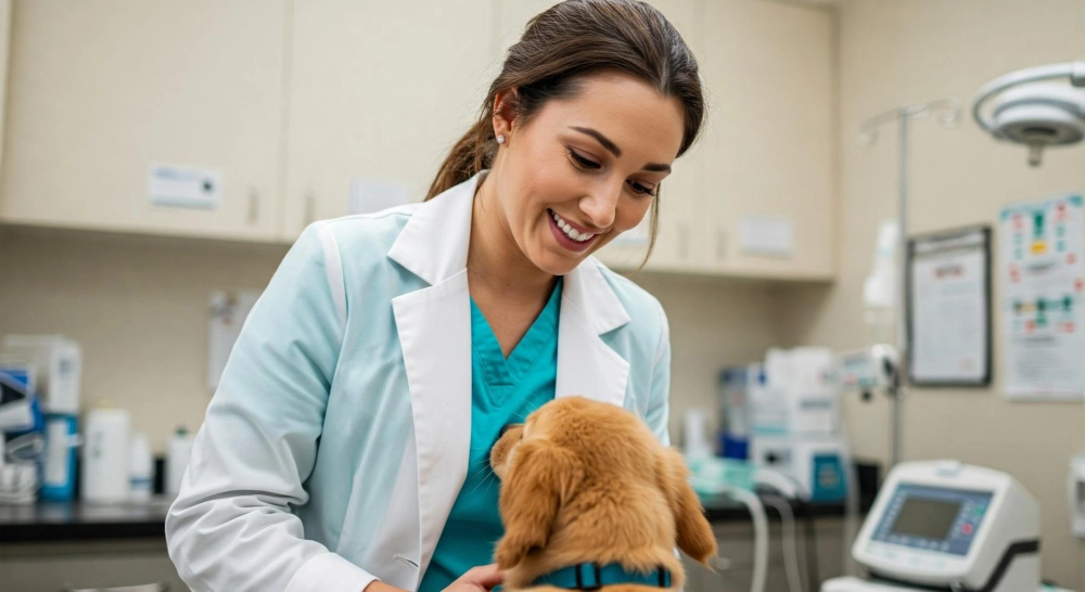 A smiling female veterinarian examines a puppy during a checkup in a modern veterinary clinic — Vetucore LLC supports future vets through expert vet med consultants.