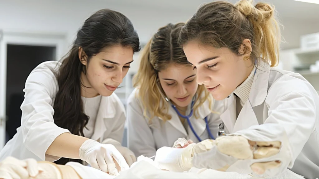 Vet students engaged in clinical skills training, guided by hands-on practice — Vetucore veterinary consulting for future veterinarians. 