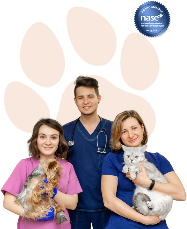 Vetucore veterinary consultants with dog and cat, showcasing trusted veterinary consulting services and NASE membership.