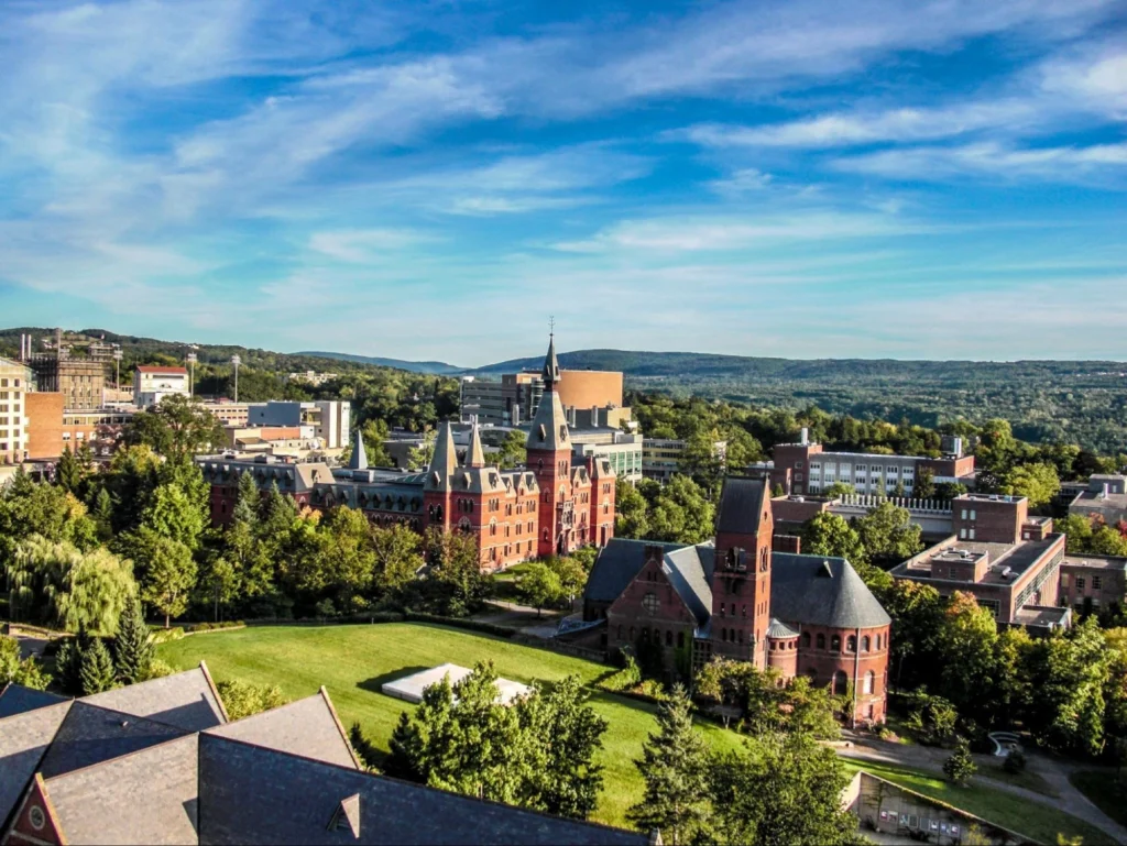 Aerial view of a university campus surrounded by trees and historic buildings — Vetucore helps students navigate top veterinary medicine schools.