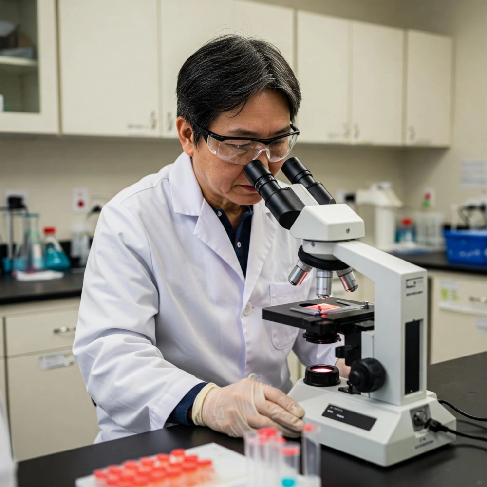 A veterinary researcher examines samples under a microscope in a clinical lab — Vetucore LLC supports students pursuing a veterinary medicine degree with expert resources.