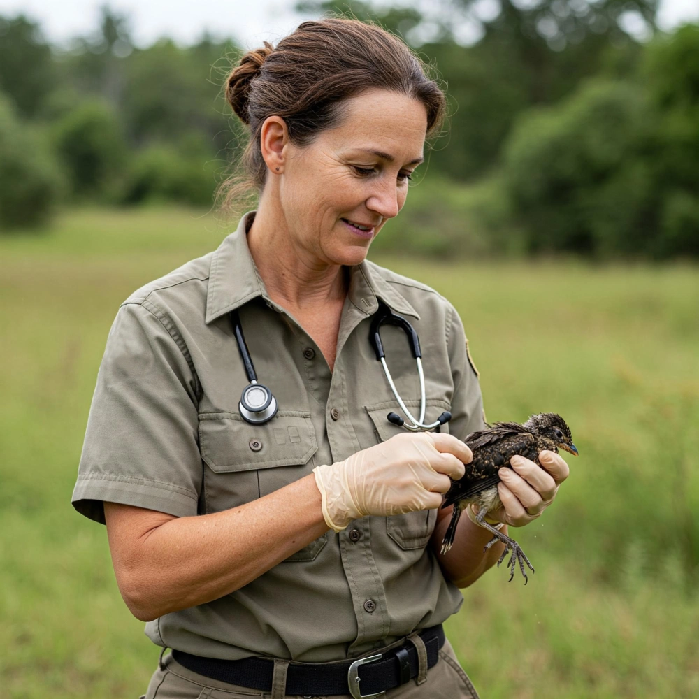 A wildlife veterinarian examines a young bird in a natural habitat — Vetucore LLC offers expert veterinary consulting for students pursuing diverse veterinary careers.