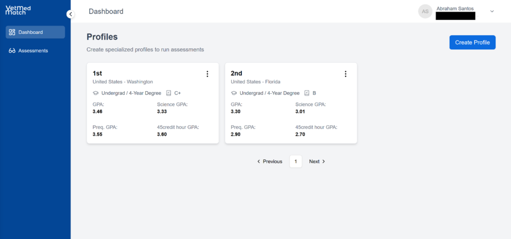 screenshot of the VetMed Match App