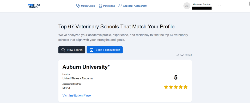 screenshot of the VetMed Match App