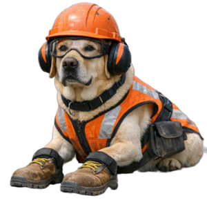 Dog wearing construction safety gear